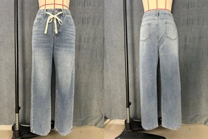 Front and back detail of light blue wide-leg jeans with white drawstring and washed texture