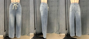 Three-angle view of light blue wide-leg jeans with white rope drawstring waist detail