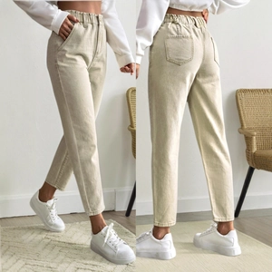 Women's High Waist Elastic Waist Khaki Denim Jeans Casual Slim Fit Tapered Cropped Pants With Buttons And Pockets For Daily Wear