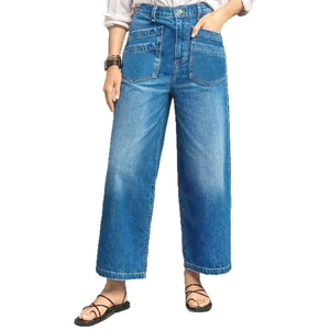 Women's high waist wide leg denim jeans with large utility pockets in vintage blue