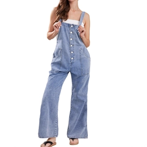 Women's denim overalls with wide-leg cut, front buttons and large side pockets