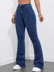 Women's High Waisted Flare Jeans Deep Blue Elastic Slim Fit Denim Pants Retro Washed Bootcut Trousers Casual Stretch Jeans