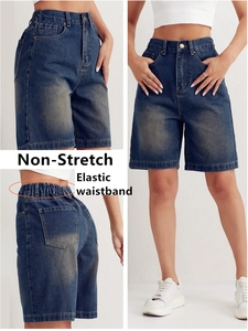Detail of high-waisted denim shorts featuring a functional elastic waistband and non-stretch fabric