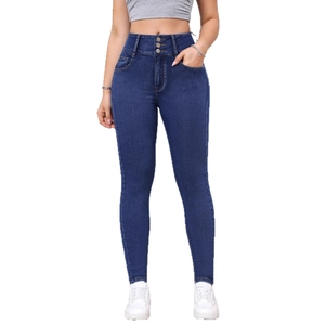 Women's high waist skinny blue jeans with three-button closure and elastic denim fit