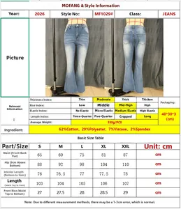Size chart for slim fit flare jeans showing waist, hip, and length measurements in cm