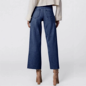 Women's high waist dark blue wide leg jeans with back pockets and straight cut hem