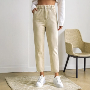 Slim fit light khaki high waist straight leg denim cropped jeans with elastic waistband