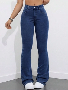 Slim fit dark blue high waist flare jeans for women with elastic denim fabric