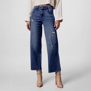 Women's High Waist Distressed Straight Leg Cotton Denim Jeans Ripped Raw Hem Casual Nine-Point Pants Vintage Blue Streetwear