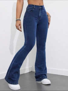 Slim fit high-waisted dark blue flare jeans for women with elastic denim fabric
