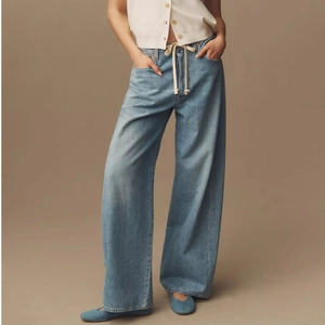 Women Casual Wide Leg Denim Jeans High Waist Drawstring Washed Light Blue Loose Fit Cuffed Hem Cotton Blend Long Pants