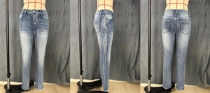 Three-way view of blue slim fit jeans showing front side and back wash details