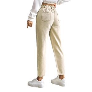 Slim fit khaki high-waist elastic denim jeans for women with back pocket detail