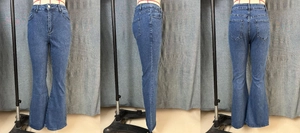 Detail view showing front, side and back of dark blue flare jeans with whiskering