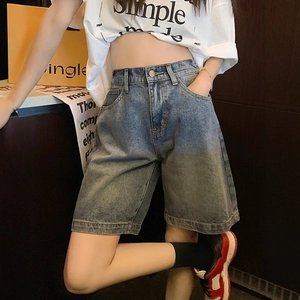 Short en Jean Taille Haute Femme Bermuda Décontracté Jambe Large Avec Imprimé Nœud en Mélange de Coton Délavé Jorts