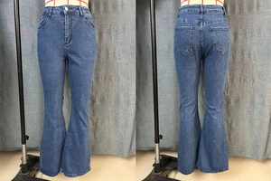 Detailed front and back views of high-waist flared dark blue stretch denim jeans