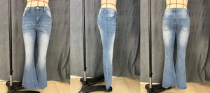 Detailed front, side and back view of light blue high waisted flared jeans with whiskers