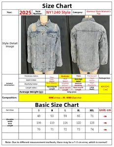 Size chart for blue distressed denim jacket with S-XXL shoulder and bust measurements