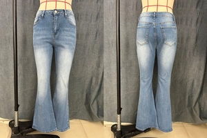 Detailed front and back view of high-waist flared jeans with faded blue denim finish