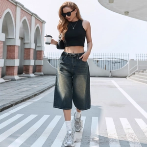 Women's Plus Size Wide Leg Denim Cropped Pants High Waist Vintage Wash Loose Fit Retro Streetwear Culottes Casual Trousers