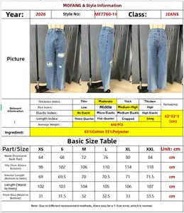 Size chart for women's distressed wide leg jeans showing detailed measurements and material
