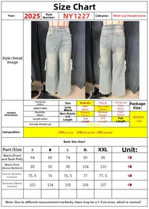Detailed size chart for wide-leg jeans showing measurements from S to XXL in centimeters