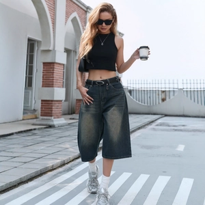 Women's plus size wide leg cropped jeans with vintage washed denim and loose fit style