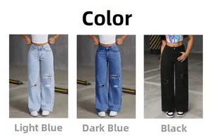 Detailed comparison of wide-leg distressed jeans in light blue, dark blue and black