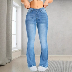 Women Slim Fit High Waist Flare Jeans Stretch Cotton Denim Washed Distressed Bootcut Denim Pants Fashion Casual Trousers
