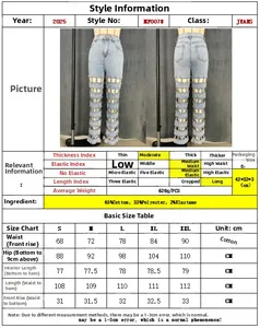 Detailed size chart for high waist wide leg jeans featuring cut-out patchwork design