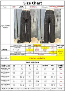 Detailed size chart for wide-leg patchwork denim cargo jeans with cotton-polyester blend