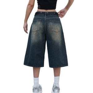 Women's dark gray wide-leg cropped denim jeans with belt and retro washed finish