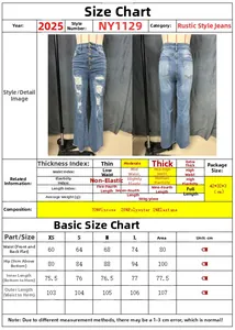 Detailed size chart for blue ripped jeans showing waist and hip measurements