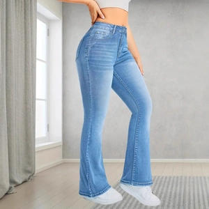 Slim fit light blue high-waisted flare jeans with stretch fabric for a sleek silhouette