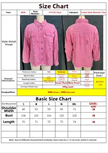 Detailed size chart for pink distressed denim jacket including shoulder and chest measurements