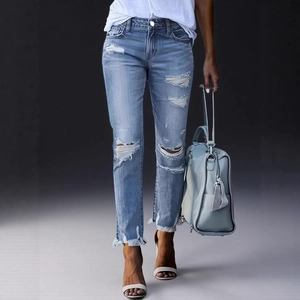 Damen Slim Fit Jeans Mit Rissen Ausgefranster Saum Distressed Denim Hose Hochelastisch Cropped Taille Casual Streetwear Blau