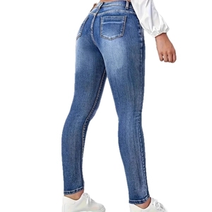 Slim fit navy blue cropped denim jeans with washed finish and lifting effect for women