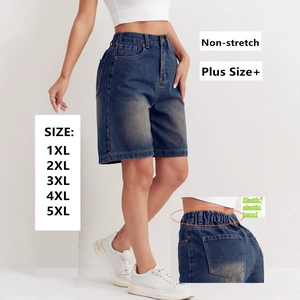 Women's plus size high waist denim shorts with elastic back waistband in blue wash