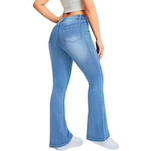 Women's light blue slim fit high waist flare jeans with elastic denim fabric and soft wash