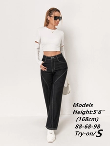 Detail of high waist wide leg black jeans with contrast stitching and pocket details