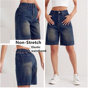 High waist dark blue retro denim shorts with elastic waistband from multiple angles
