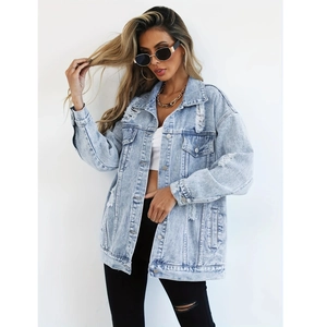 Women Loose Distressed Washed Denim Jacket Streetwear Long Sleeve Turnover Collar Ripped Jean Coat Outerwear Blue Top