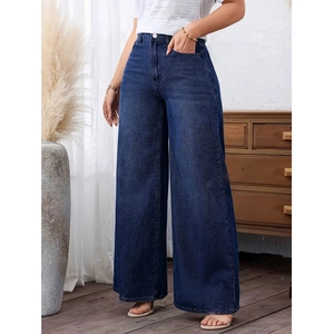 Women High Waist Wide Leg Jeans Deep Blue Washed Elastic Denim Pants Loose Straight Casual Trousers Fashion Daily Wear