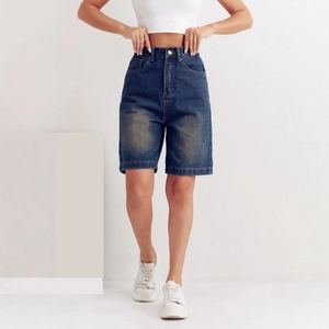 Classic high-waisted dark blue denim bermuda shorts with faded texture for women