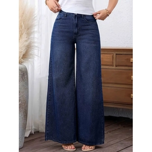 Women's deep blue high-waisted wide-leg stretch jeans with vintage washed finish