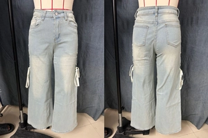 Front and back view of light blue wide-leg jeans with white side ribbon lace-up detail
