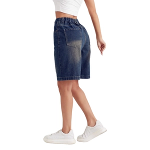 Women's dark blue washed denim shorts with high elastic waist and back pockets