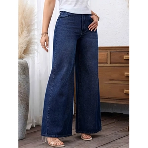 Women's deep blue high waist wide leg jeans in stretch denim with wash finish