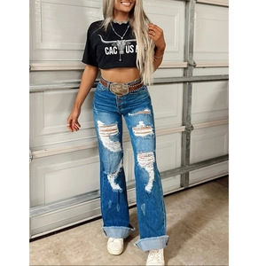 Women High Waist Distressed Wide Leg Denim Jeans Retro Washed Cotton Ripped Straight Pants Streetwear Fashion Trousers