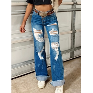 Retro blue high waist wide leg ripped jeans with brown woven belt and metal buckle